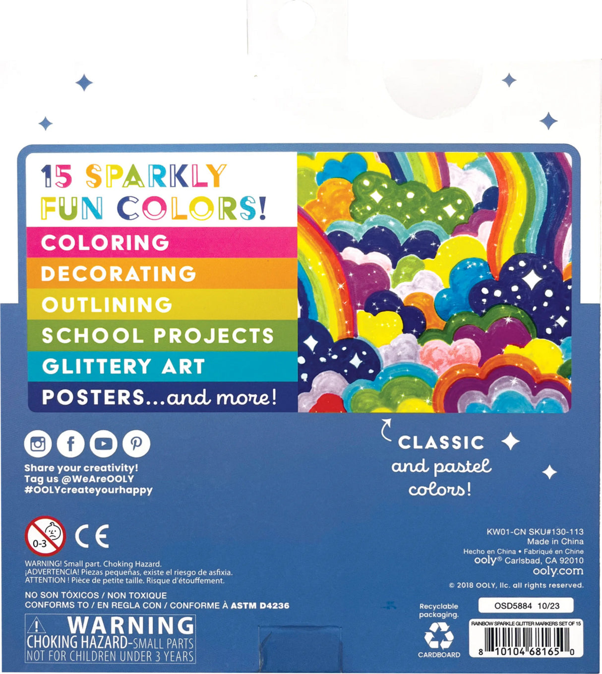 Rainbow Sparkle Glitter Markers - Set of 15